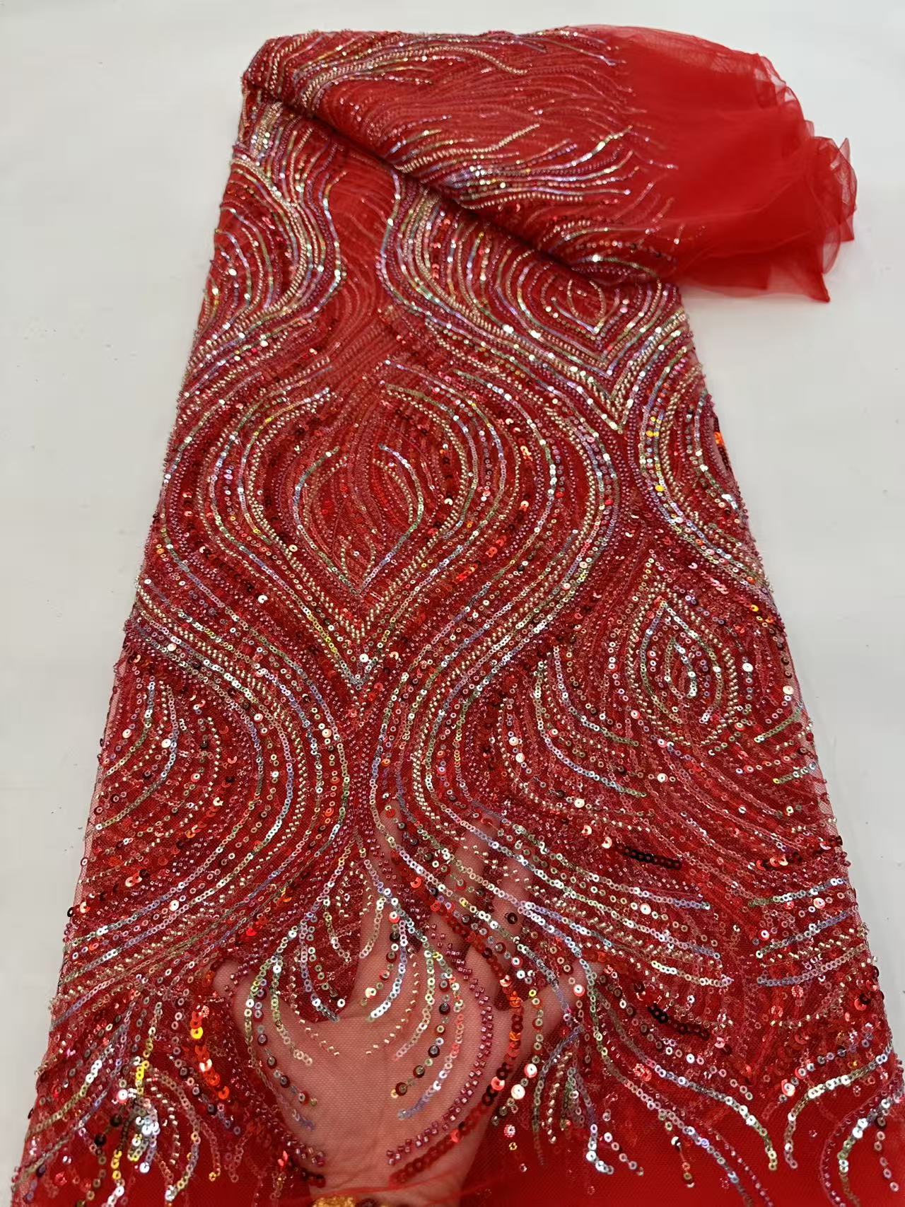 Textile For Sewing - Luxury Red African Beaded Mesh Lace