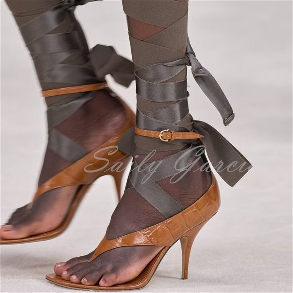 Sewing Cotton - Brown Leather High Heel Flip Flop
